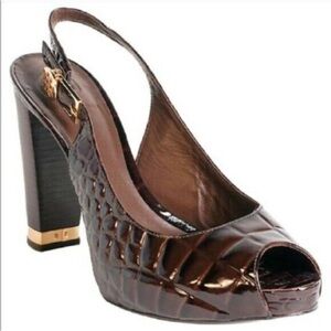 Tory Burch Allison Croc-Embossed Peep-Toe Slingback Platform Heel Dark Brown 7